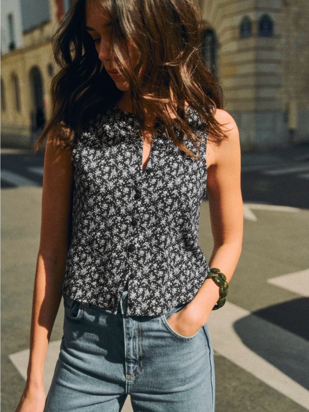 Sezane Loriane top - Navy and White Floral Cropped Tank